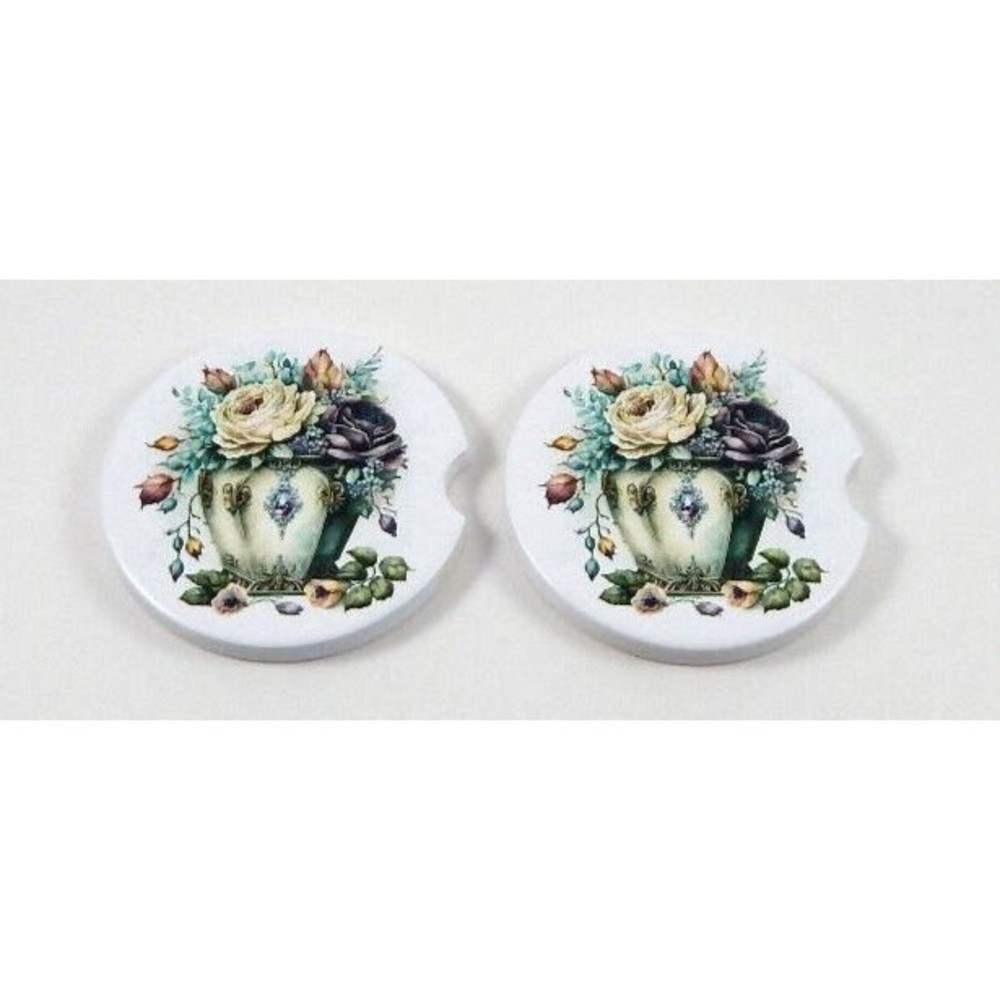 Set Of 2 Flowers In Vintage Vase Absorbent Ceramic Car Coasters 2.75" Coaster